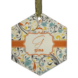Swirly Floral Flat Glass Ornament - Hexagon w/ Name and Initial