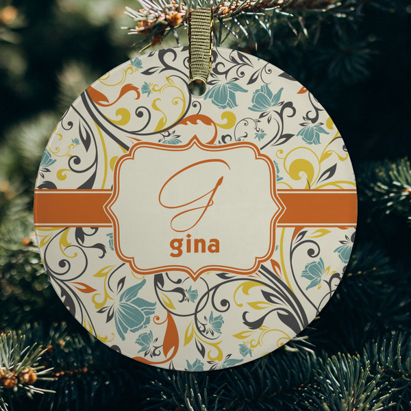 Swirly Floral Frosted Glass Ornament - Round (Lifestyle)