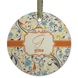 Swirly Floral Flat Glass Ornament - Round w/ Name and Initial