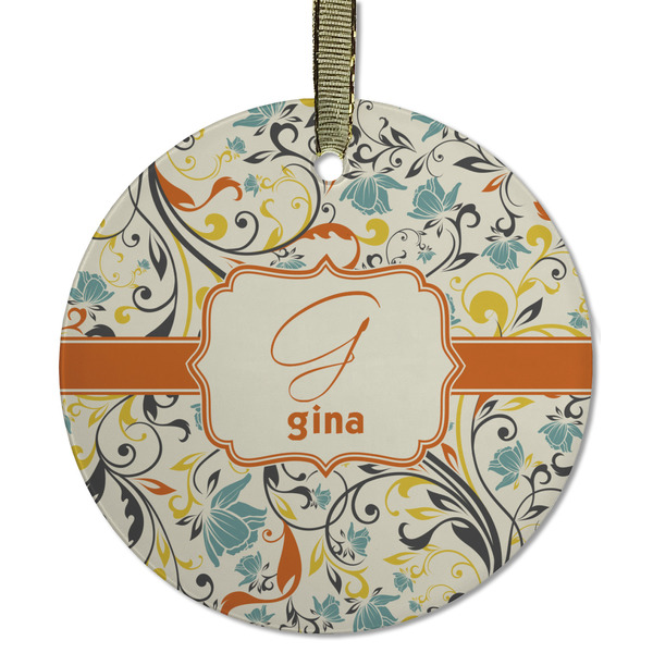 Custom Swirly Floral Flat Glass Ornament - Round w/ Name and Initial