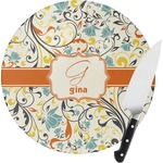 Swirly Floral Round Glass Cutting Board (Personalized)