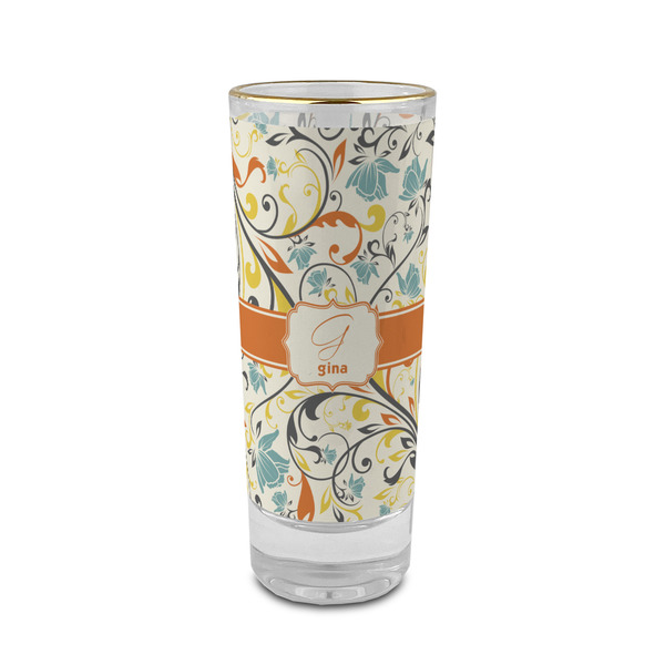 Custom Swirly Floral 2 oz Shot Glass -  Glass with Gold Rim - Single (Personalized)