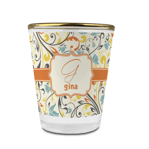 Custom Swirly Floral Glass Shot Glass - 1.5 oz - with Gold Rim - Single (Personalized)