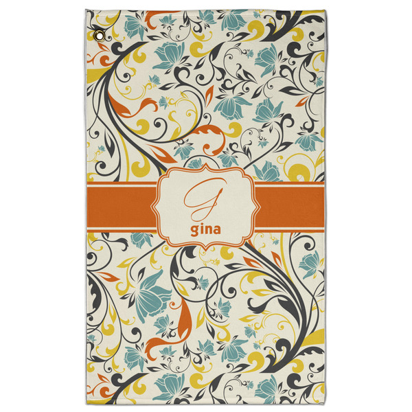 Custom Swirly Floral Golf Towel - Poly-Cotton Blend w/ Name and Initial