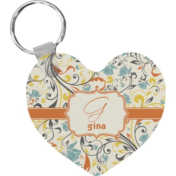 Custom Swirly Floral Heart Plastic Keychain w/ Name and Initial