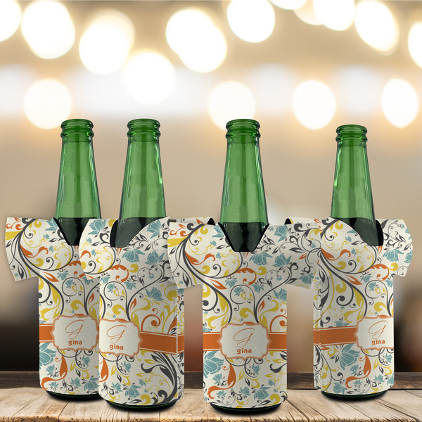 Swirly Floral Jersey Bottle Cooler - Set of 4 - LIFESTYLE