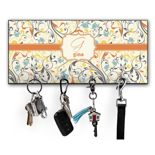 Custom Swirly Floral Key Hanger w/ 4 Hooks w/ Name and Initial