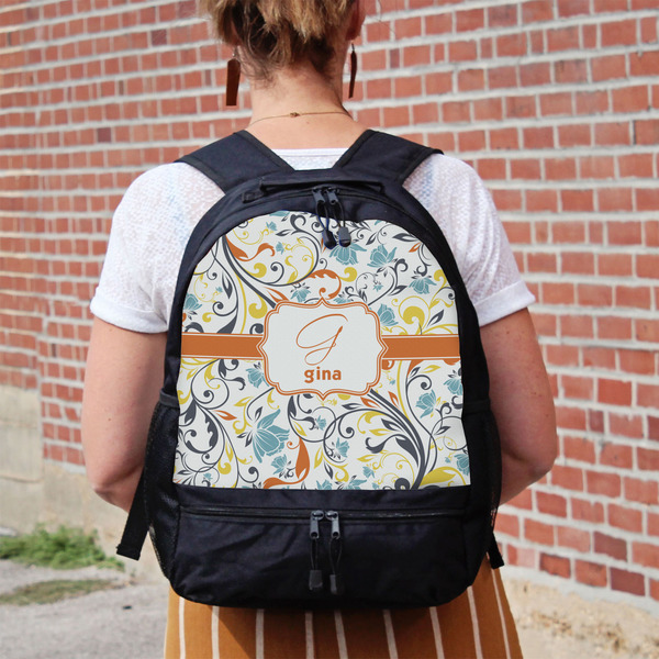 Swirly Floral Large Backpack - Black - On Back