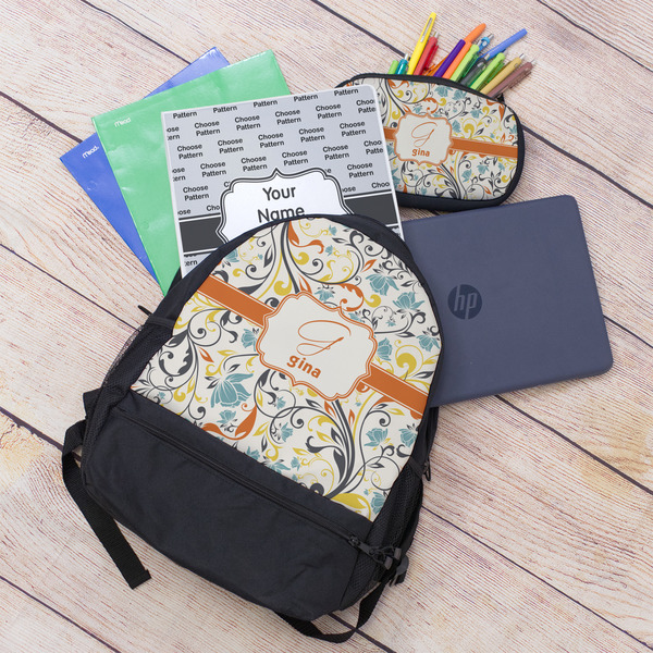 Swirly Floral Large Backpack - Black - With Stuff