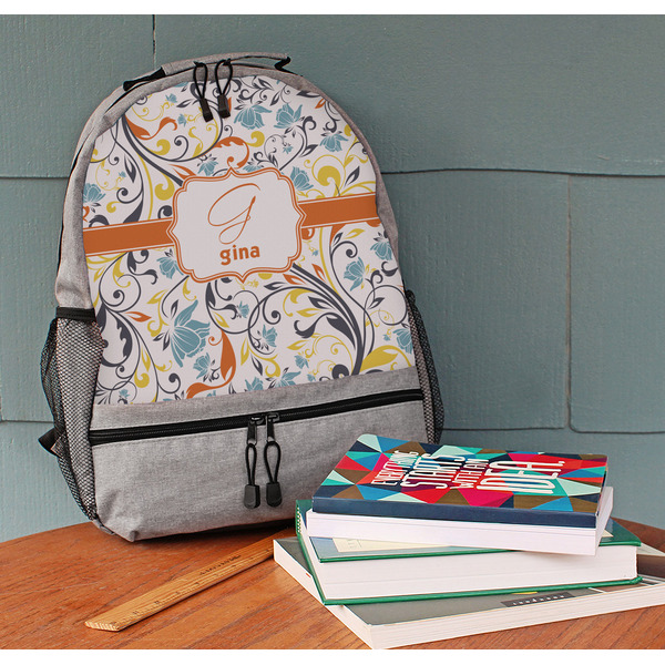 Swirly Floral Large Backpack - Gray - On Desk