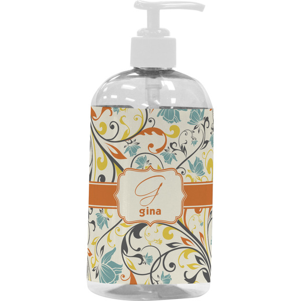 Custom Swirly Floral Plastic Soap / Lotion Dispenser (16 oz - Large - White) (Personalized)
