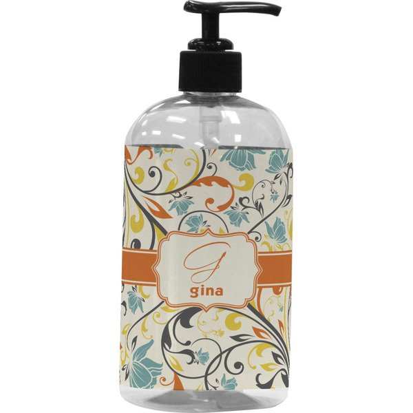 Custom Swirly Floral Plastic Soap / Lotion Dispenser (16 oz - Large - Black) (Personalized)