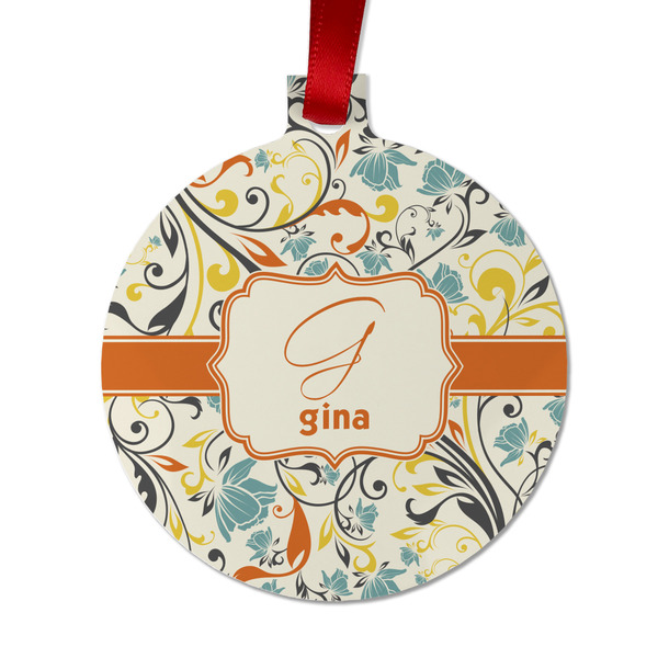 Custom Swirly Floral Metal Ball Ornament - Double Sided w/ Name and Initial