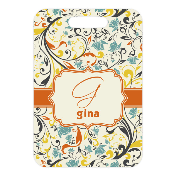 Swirly Floral Metal Luggage Tag - Front Without Strap
