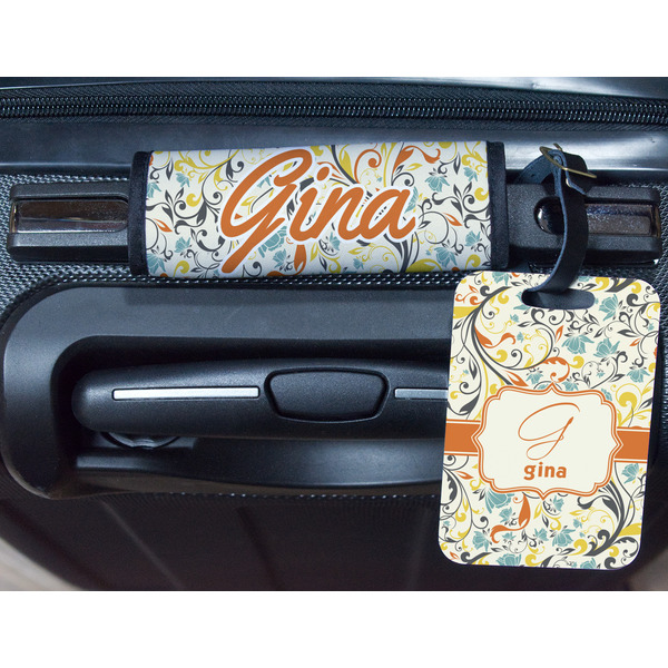 Swirly Floral Metal Luggage Tag & Handle Wrap - In Context