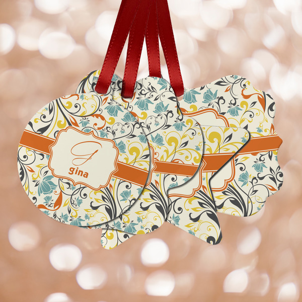 Custom Swirly Floral Metal Ornaments - Double Sided w/ Name and Initial