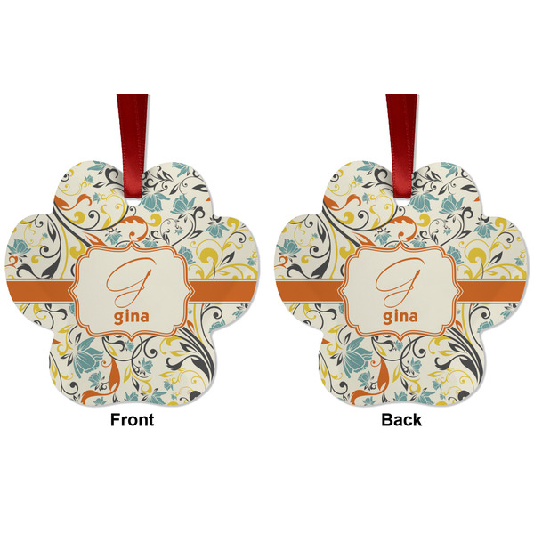 Swirly Floral Metal Paw Ornament - Front and Back