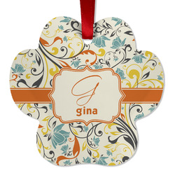 Swirly Floral Metal Paw Ornament - Double Sided w/ Name and Initial