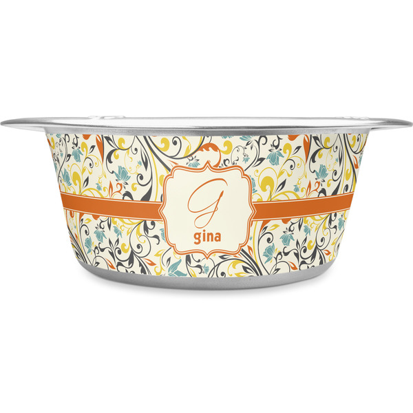 Custom Swirly Floral Stainless Steel Dog Bowl - Large (Personalized)