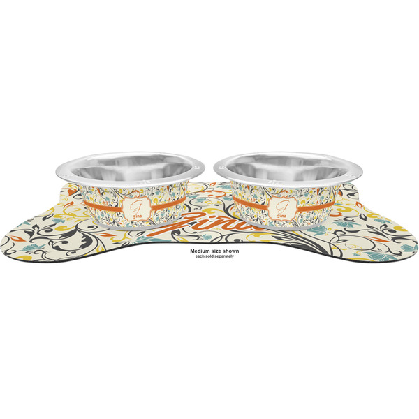 Swirly Floral Metal Pet Bowls - On Dog Bone Shaped Mat