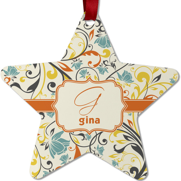 Custom Swirly Floral Metal Star Ornament - Double Sided w/ Name and Initial