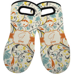 Swirly Floral Neoprene Oven Mitts - Set of 2 w/ Name and Initial