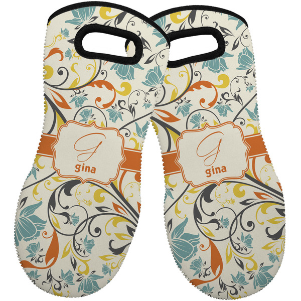 Custom Swirly Floral Neoprene Oven Mitts - Set of 2 w/ Name and Initial