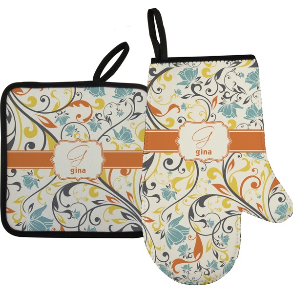 Custom Swirly Floral Oven Mitt & Pot Holder Set w/ Name and Initial