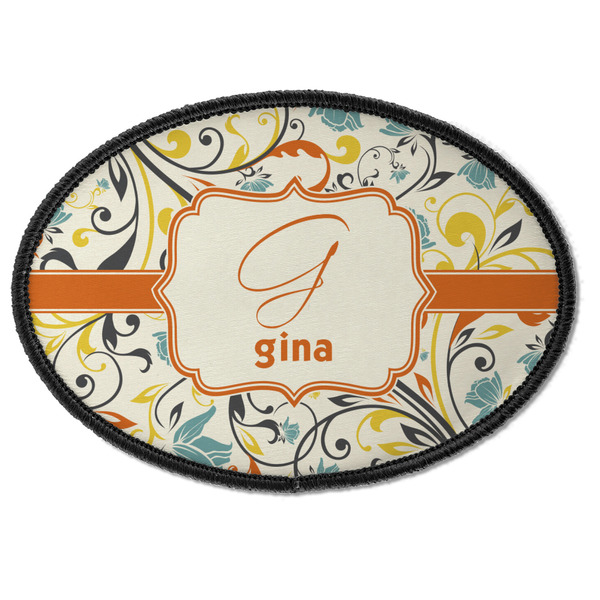 Custom Swirly Floral Iron On Oval Patch w/ Name and Initial