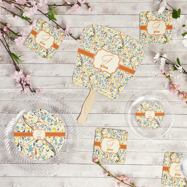 Swirly Floral Party Supplies Combination Image - All items - Plates, Coasters, Fans