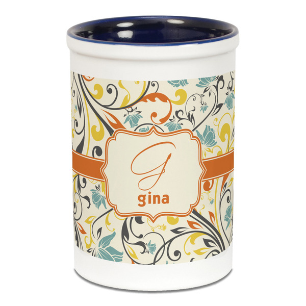 Custom Swirly Floral Ceramic Pencil Holders - Blue