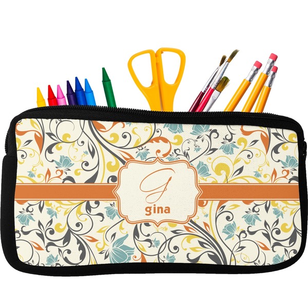 Custom Swirly Floral Neoprene Pencil Case - Small w/ Name and Initial