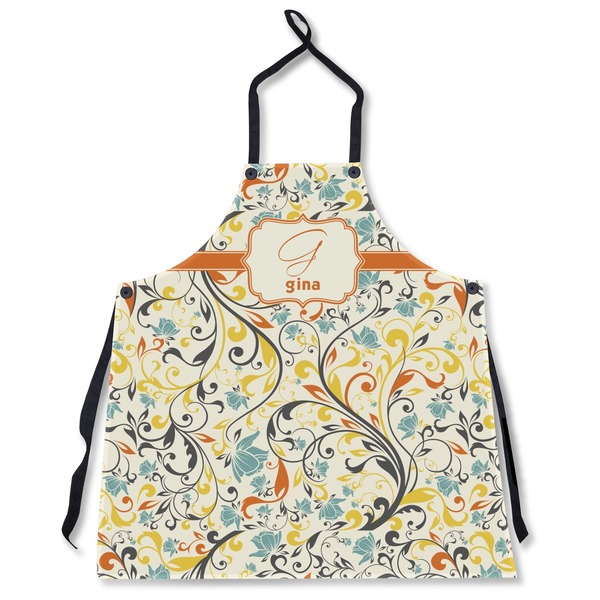 Custom Swirly Floral Apron Without Pockets w/ Name and Initial