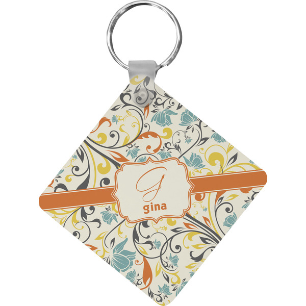 Custom Swirly Floral Diamond Plastic Keychain w/ Name and Initial
