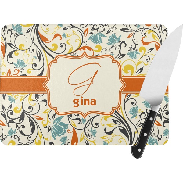 Custom Swirly Floral Rectangular Glass Cutting Board - Large - 15.25"x11.25" w/ Name and Initial