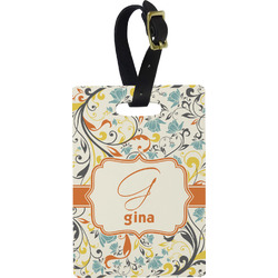 Swirly Floral Plastic Luggage Tag - Rectangular w/ Name and Initial
