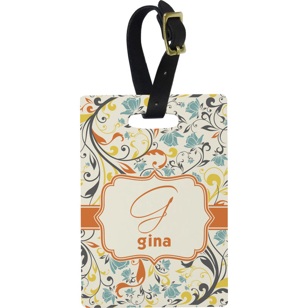 Custom Swirly Floral Plastic Luggage Tag - Rectangular w/ Name and Initial