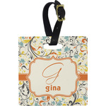 Swirly Floral Plastic Luggage Tag - Square w/ Name and Initial