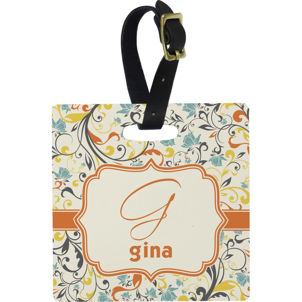Custom Swirly Floral Plastic Luggage Tag - Square w/ Name and Initial