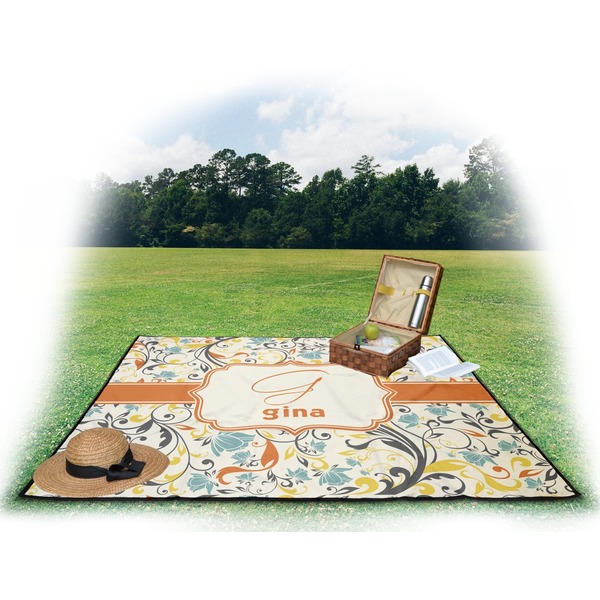 Swirly Floral Picnic Blanket - with Basket Hat and Book - in Use