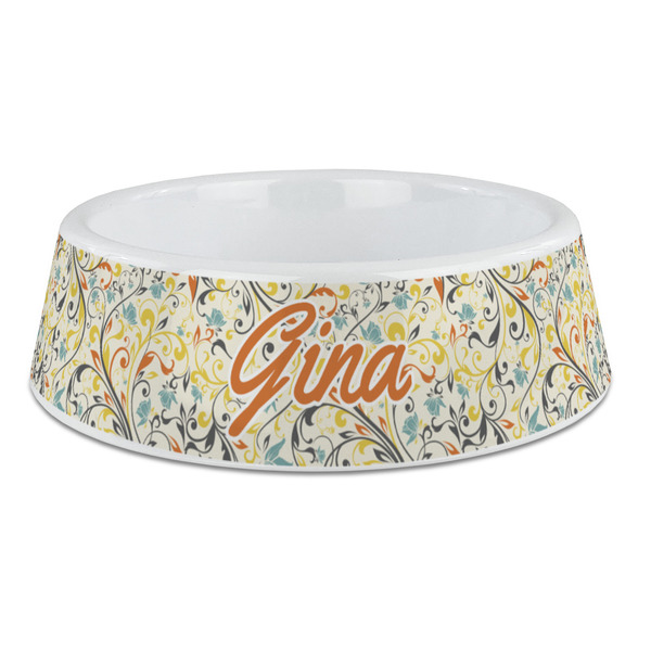 Custom Swirly Floral Plastic Dog Bowl - Large (Personalized)