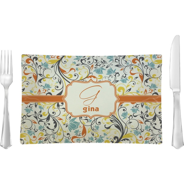 Custom Swirly Floral Rectangular Glass Lunch / Dinner Plate - Single or Set (Personalized)