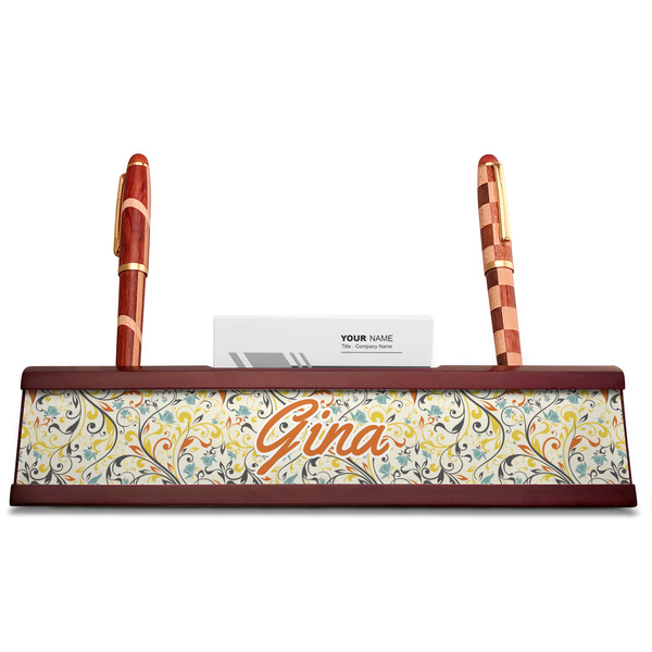 Swirly Floral Red Mahogany Nameplates with Business Card Holder - Straight