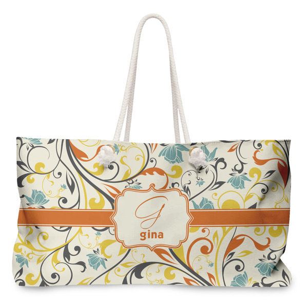 Custom Swirly Floral Large Tote Bag with Rope Handles (Personalized)