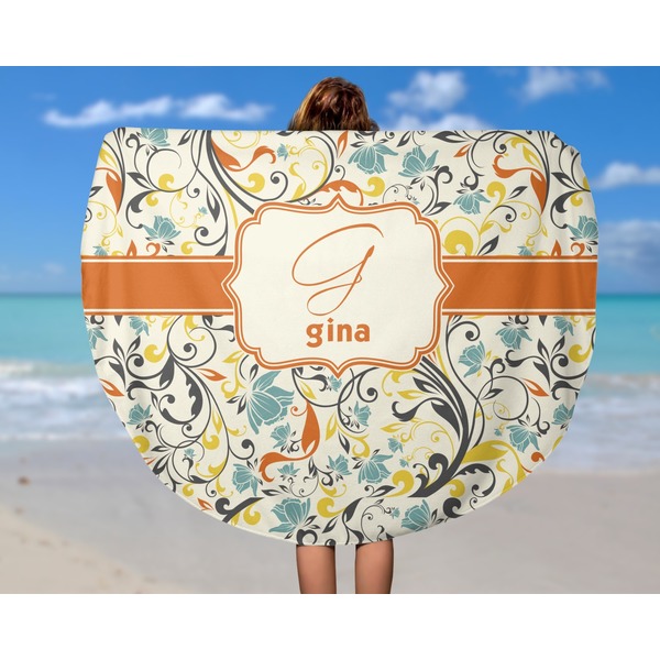 Swirly Floral Round Beach Towel - In Use
