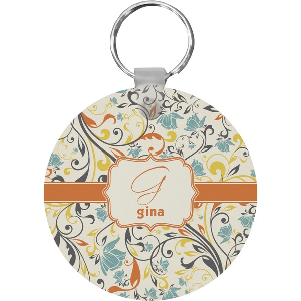Custom Swirly Floral Round Plastic Keychain (Personalized)