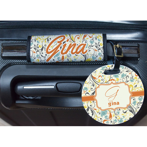 Swirly Floral Round Luggage Tag & Handle Wrap - In Context