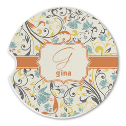 Swirly Floral Sandstone Car Coaster - Single (Personalized)