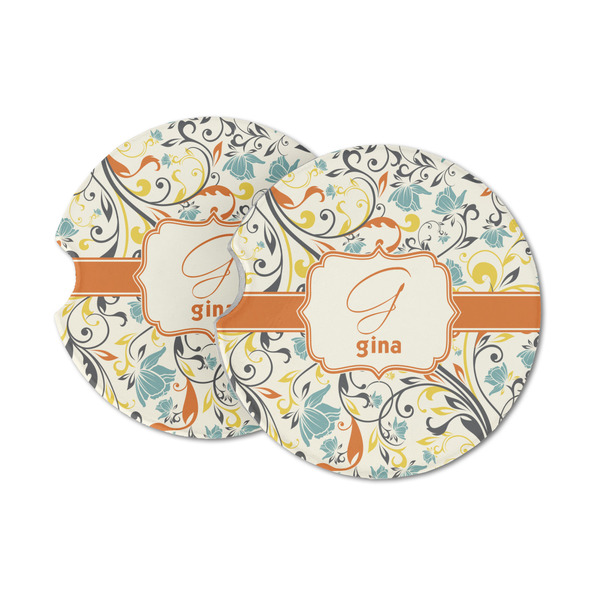 Custom Swirly Floral Sandstone Car Coasters - Set of 2 (Personalized)