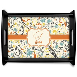 Swirly Floral Black Wooden Tray - Large (Personalized)